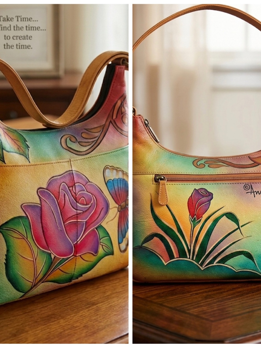 Anuschka Hand-Painted Floral Leather Shoulder Bag with matching coin purse